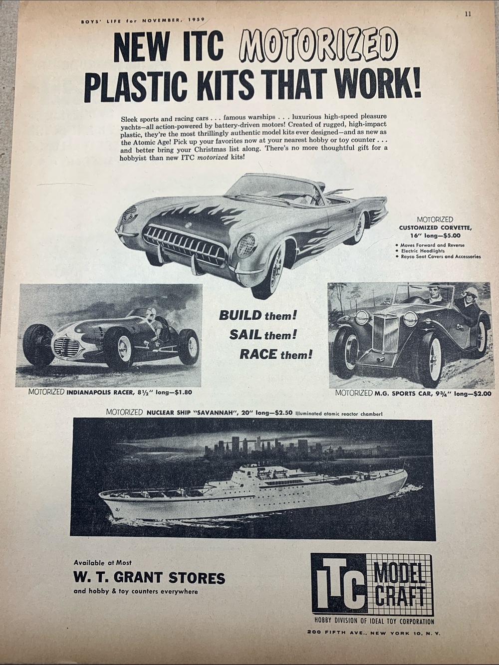 Vintage W. T. Grant ITC Motorized Plastic Kits Boys Life Magazine November 1959